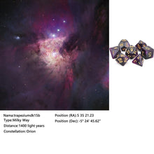 Load image into Gallery viewer, Description of 15B (Purple and Black) Nebula Polyhedral Dice Set 7 Piece