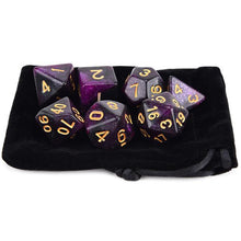 Load image into Gallery viewer, 15B (Purple and Black) Nebula Polyhedral Dice Set 7 Piece with a Black Dice Bag