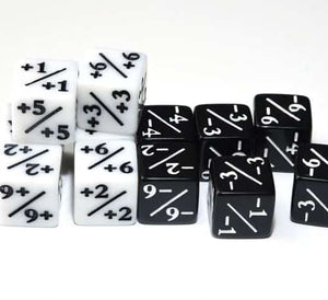 side by side Positive/Negative Dice Counters for Magic The Gathering | 6 white piece | 6 black piece