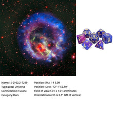 Load image into Gallery viewer, Description of 1E (Blue &amp; Purple) Nebula Polyhedral Dice Set 7 Piece 