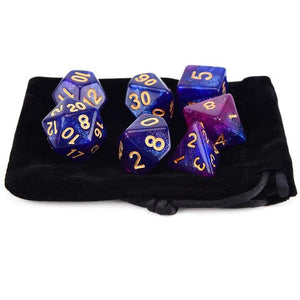 1E (Blue & Purple) Nebula Polyhedral Dice Set 7 Piece with a Black Dice Bag