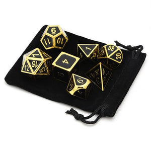 Polished Black & Gold Metal Enamel Dice Set | 7 piece