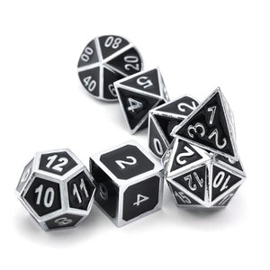 Polished Black and Silver Metal Dice Set | 7 Piece