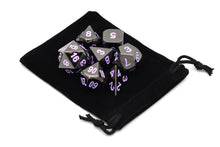 Load image into Gallery viewer, Onyx Chrome Metal Dice set with Amethyst Font 7 piece with Black Dice Bag