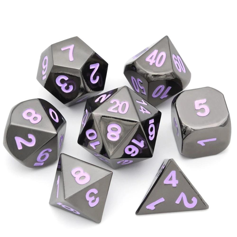 Onyx Chrome Metal Dice set with Amethyst Font 7 piece Front View