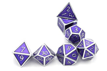 Load image into Gallery viewer, Amethyst and Silver Metal Dice Set 7 piece randomly stacked