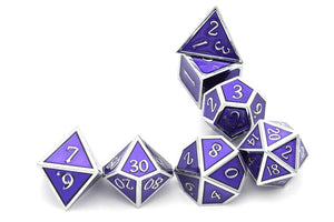 Amethyst and Silver Metal Dice Set 7 piece randomly stacked