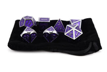 Load image into Gallery viewer, Amethyst and Silver Metal Dice Set 7 piece with a black dice bag