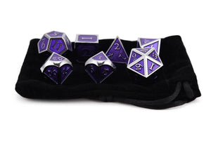 Amethyst and Silver Metal Dice Set 7 piece with a black dice bag