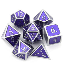 Load image into Gallery viewer, Amethyst and Silver Metal Dice Set 7 piece front view