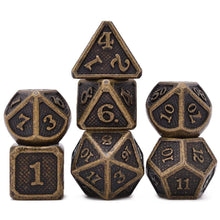 Load image into Gallery viewer, Ancient Gold Dragon Scale Metal Dice Set 7 Piece Front View