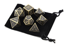 Load image into Gallery viewer, Ancient Gold Metal Dice Set 7 piece with black dice pouch