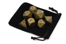 Load image into Gallery viewer, Ancient Gold Tech Metal Dice Set 7 piece with black dice pouch