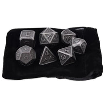 Load image into Gallery viewer, Ancient Silver Dragon Scale Metal Dice Set 7 piece with black dice bag