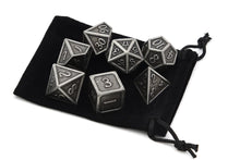 Load image into Gallery viewer, Ancient Silver Metal Dice Set 7 piece with black dice bag