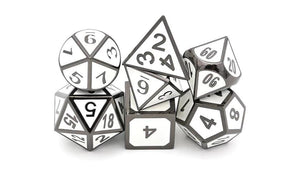 Aura of Protection - White and Black Metal Dice set 7 piece Front View