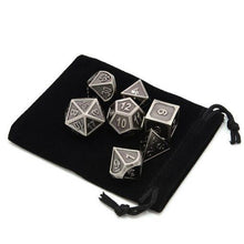 Load image into Gallery viewer, Battleworn Silver Metal Dice Set 7 piece with black dice bag