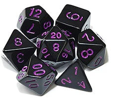 Black opaque dice set with purple font