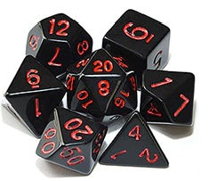 Black opaque dice set with red font