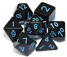 Load image into Gallery viewer, Black opaque dice set with blue font