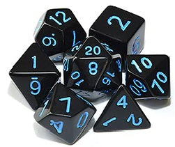 Black opaque dice set with blue font