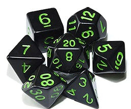 Black opaque dice set with green font