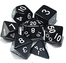 Black opaque dice set with white font