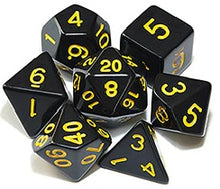 Load image into Gallery viewer, Black opaque dice set with yellow font