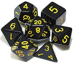 Black opaque dice set with yellow font