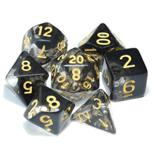 Load image into Gallery viewer, Black Cloud Dual Colour Translucent Dice Set with yellow font