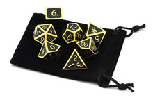 Load image into Gallery viewer, Glossy Black Metal Dice Set with Gold Boarders | 7 piece