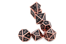 Load image into Gallery viewer, Glossy Black and Bronze Metal Dice Set | 7 piece