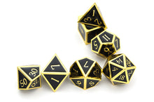 Load image into Gallery viewer, Glossy Black Metal Dice Set with Gold Boarders | 7 piece