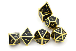 Glossy Black Metal Dice Set with Gold Boarders | 7 piece