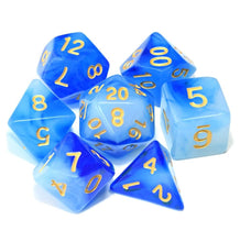 Load image into Gallery viewer, Blue White Dual Colour Translucent Dice Set with yellow font