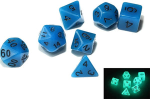 Blue Colour Glow in Dark Dice Set 7 piece