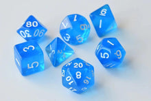 Load image into Gallery viewer, Blue Single Colour Translucent Dice Set with White Font