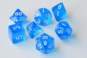 Blue Single Colour Translucent Dice Set with White Font