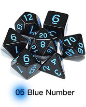 Load image into Gallery viewer, Black Opaque Dice Set with Blue Font