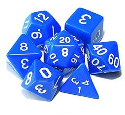 Blue opaque dice set with white font