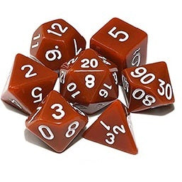 Brown opaque dice set with white font