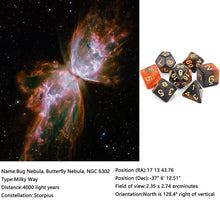 Load image into Gallery viewer, Description of Butterfly (Orange and Black) Nebula Polyhedral Dice Set 7 Piece