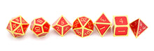 Load image into Gallery viewer, Crimson Red &amp; Gold Enamel Metal Dice Set 7 piece horizontally placed