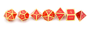 Crimson Red & Gold Enamel Metal Dice Set 7 piece horizontally placed