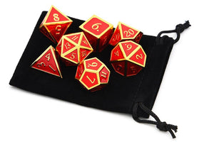 Crimson Red & Gold Enamel Metal Dice Set 7 piece with Black Dice Bag