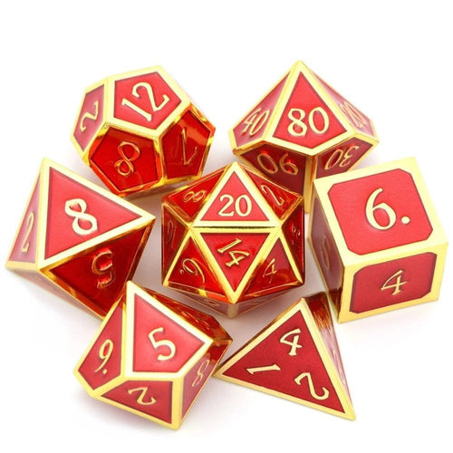 Crimson Red & Gold Enamel Metal Dice Set 7 piece Front View