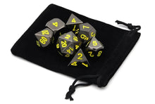 Load image into Gallery viewer, Onyx Chrome Metal Dice set with Yellow Font 7 piece with black dice bag