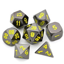 Load image into Gallery viewer, Onyx Chrome Metal Dice set with Yellow Font 7 piece Front View