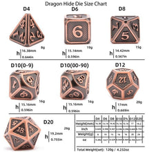 Load image into Gallery viewer, Size Chart for Shiny Silver Dragon Scale Metal Dice Set 7 Piece