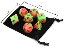 Load image into Gallery viewer, Orange and Green dual colour glow in the dark dice set 7 piece with dice bag